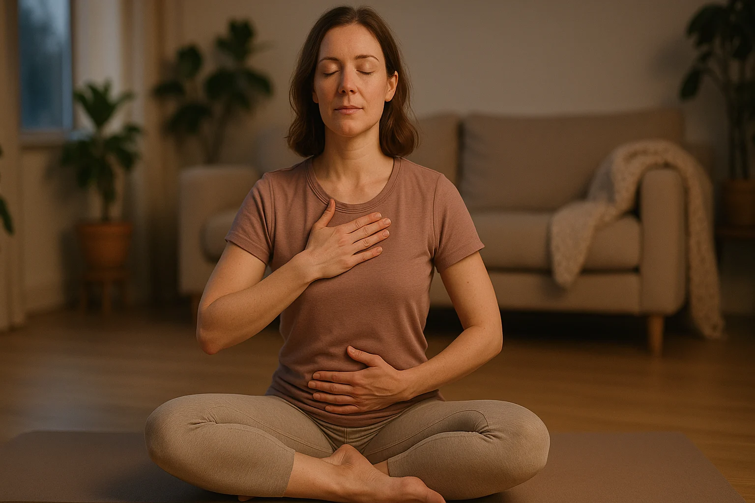 Person practicing yoga in a calm evening setting