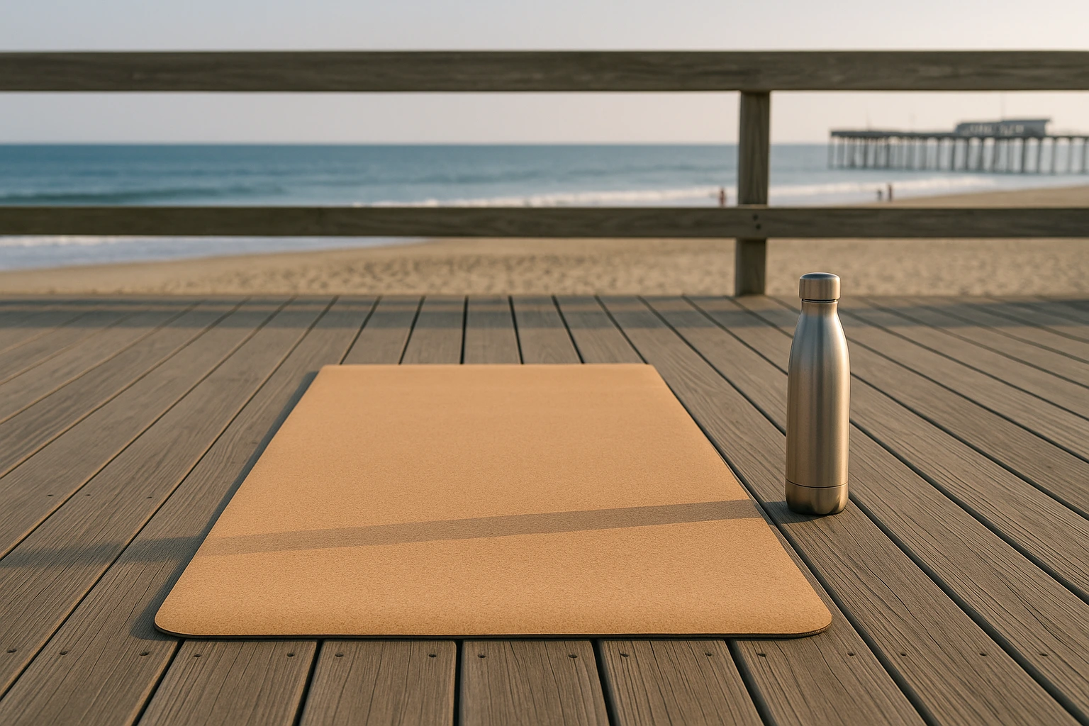 Cork yoga mat on Ocean City beach