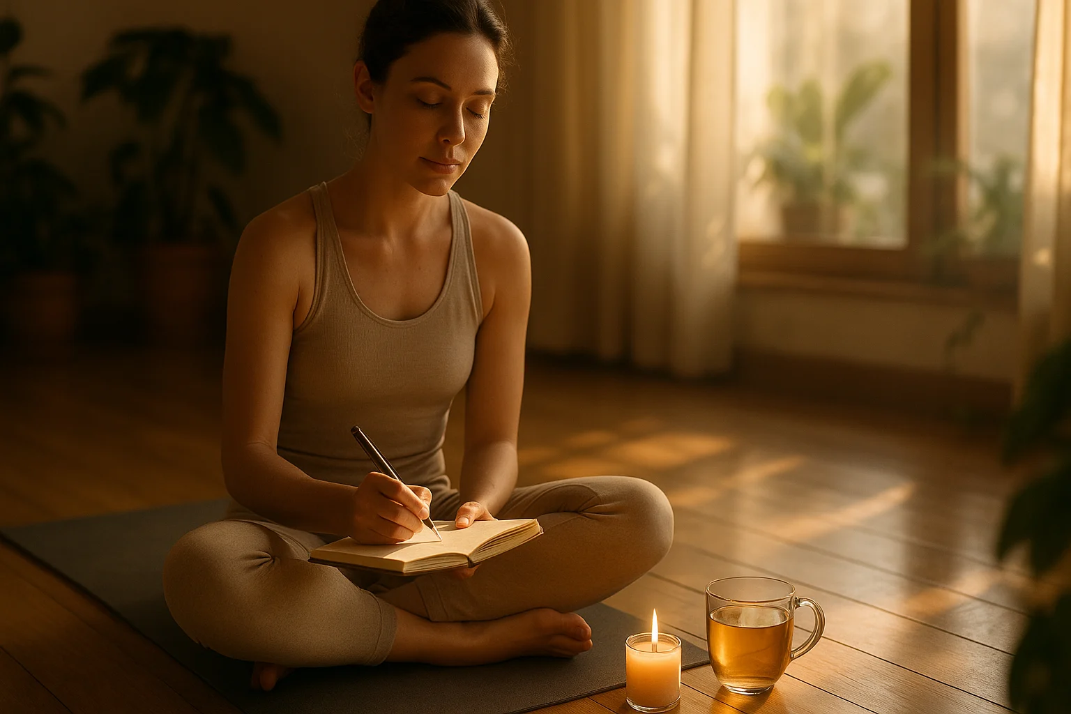 Person reflecting mindfully on yoga principles