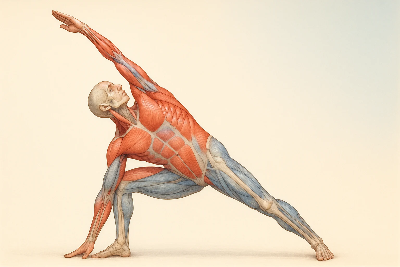 Illustration of yoga pose with anatomical overlay