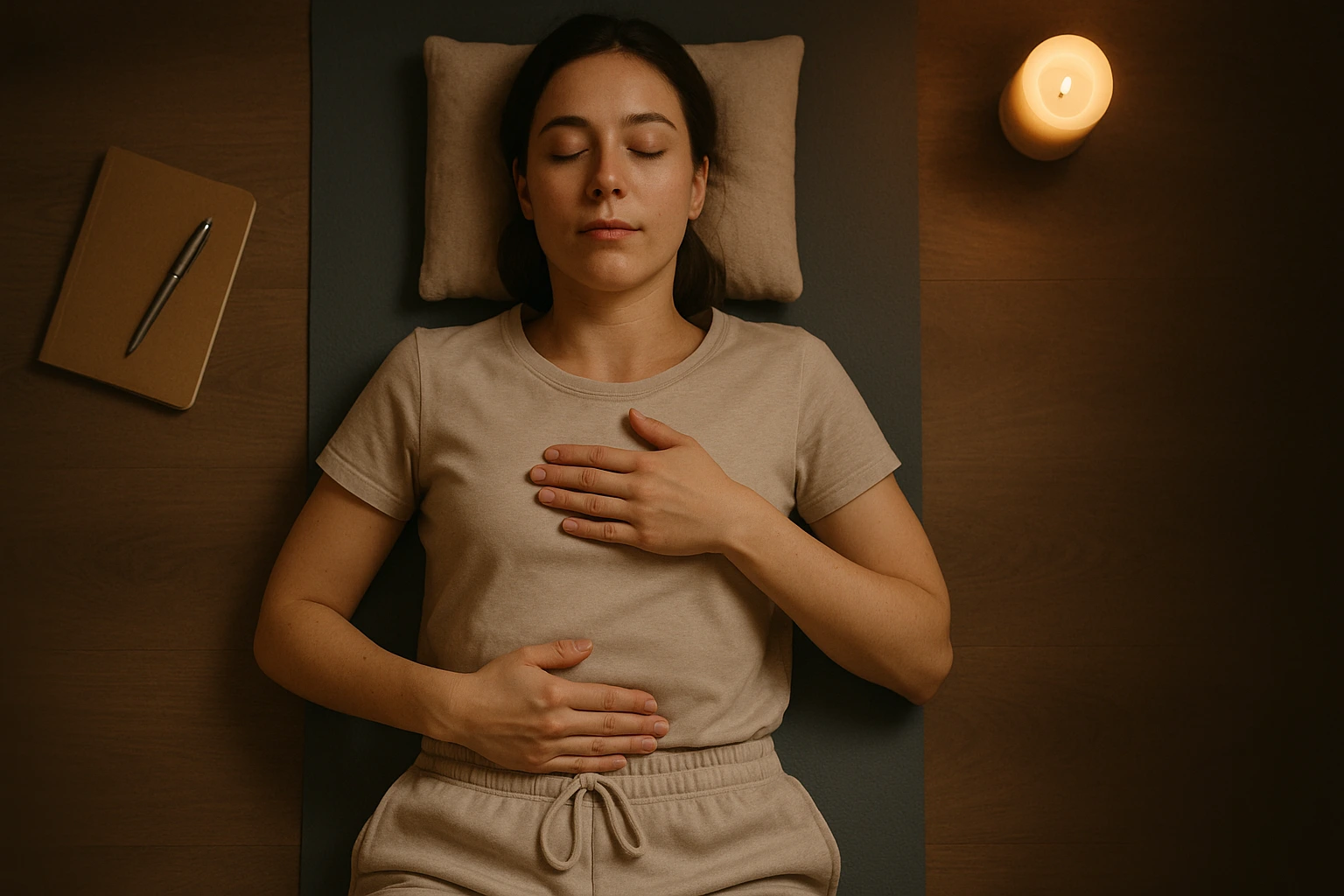 Person practicing belly breathing in a relaxed setting