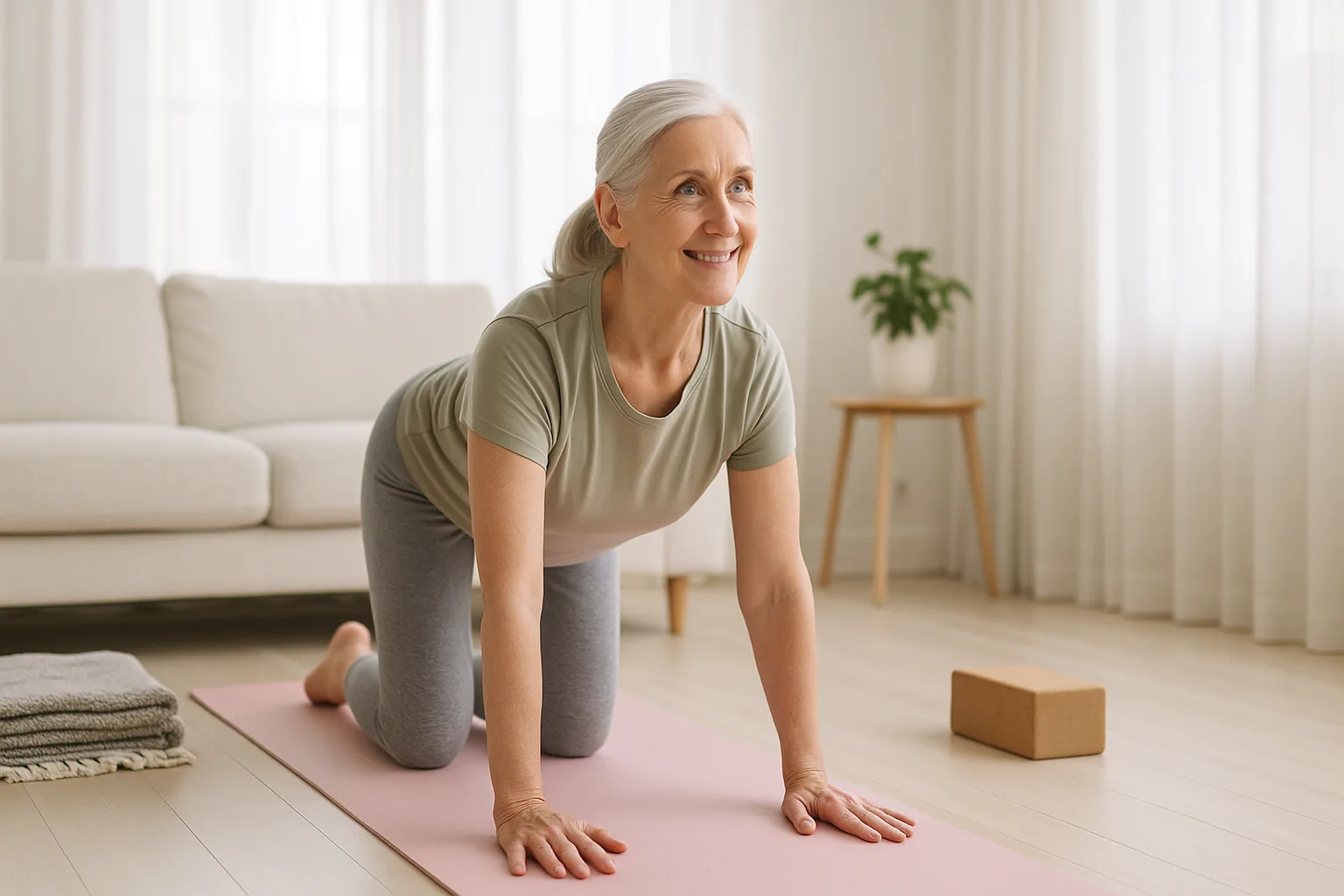 Person practicing gentle yoga in a serene room on a sunny morning