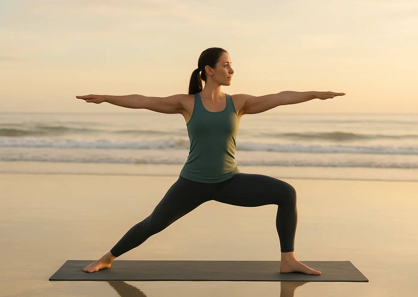 Practicing Warrior II pose at sunset on a calm beach