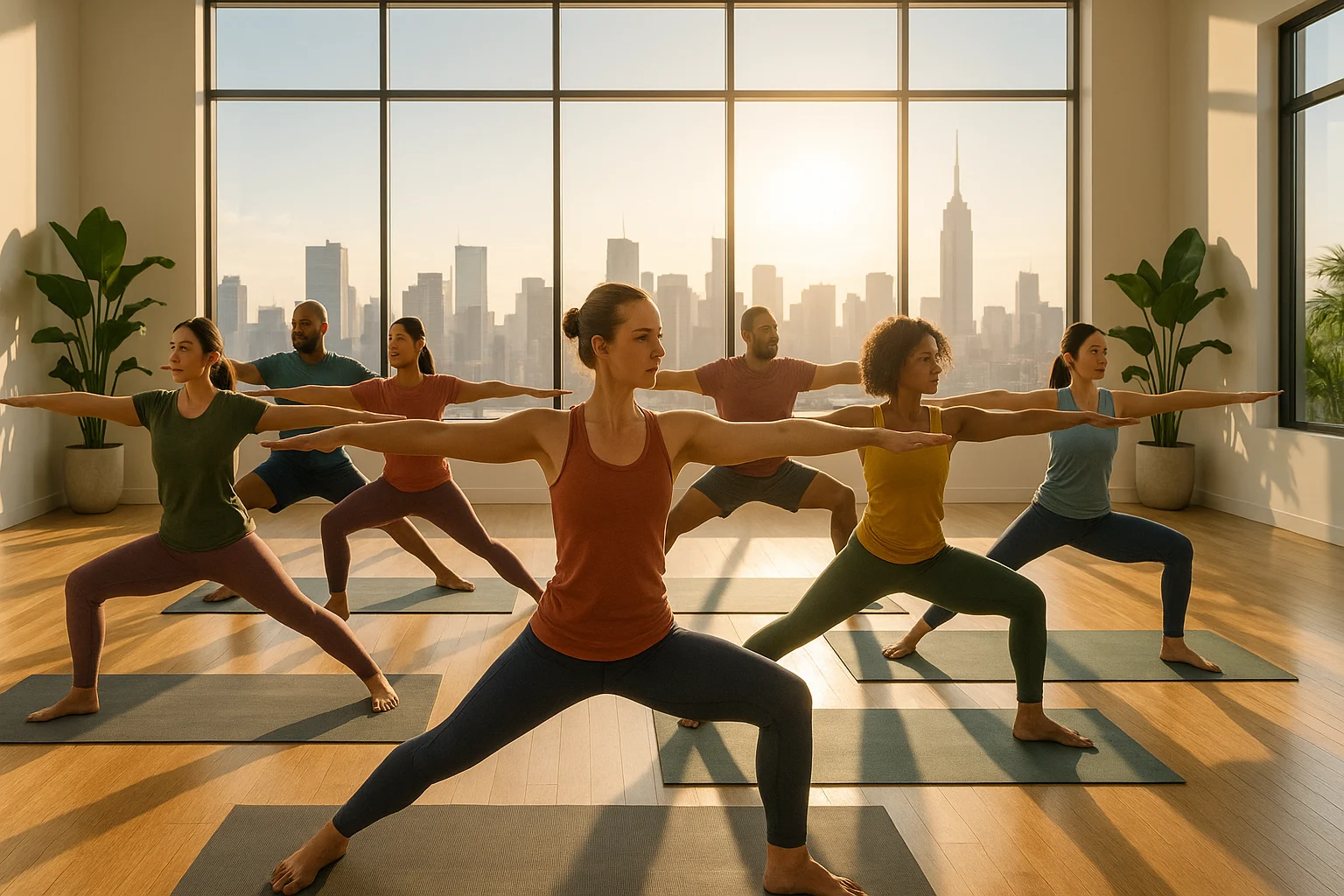 Modern yoga class in a studio with diverse practitioners