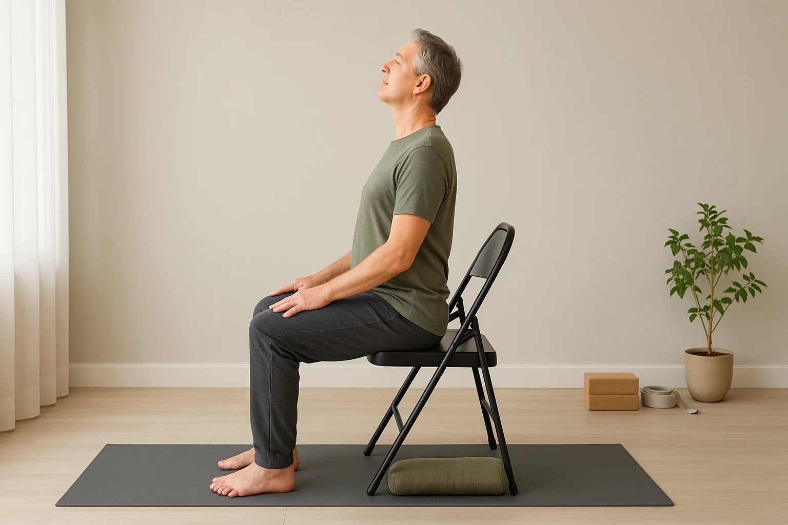 Person practicing seated cat-cow yoga in a cozy morning setting