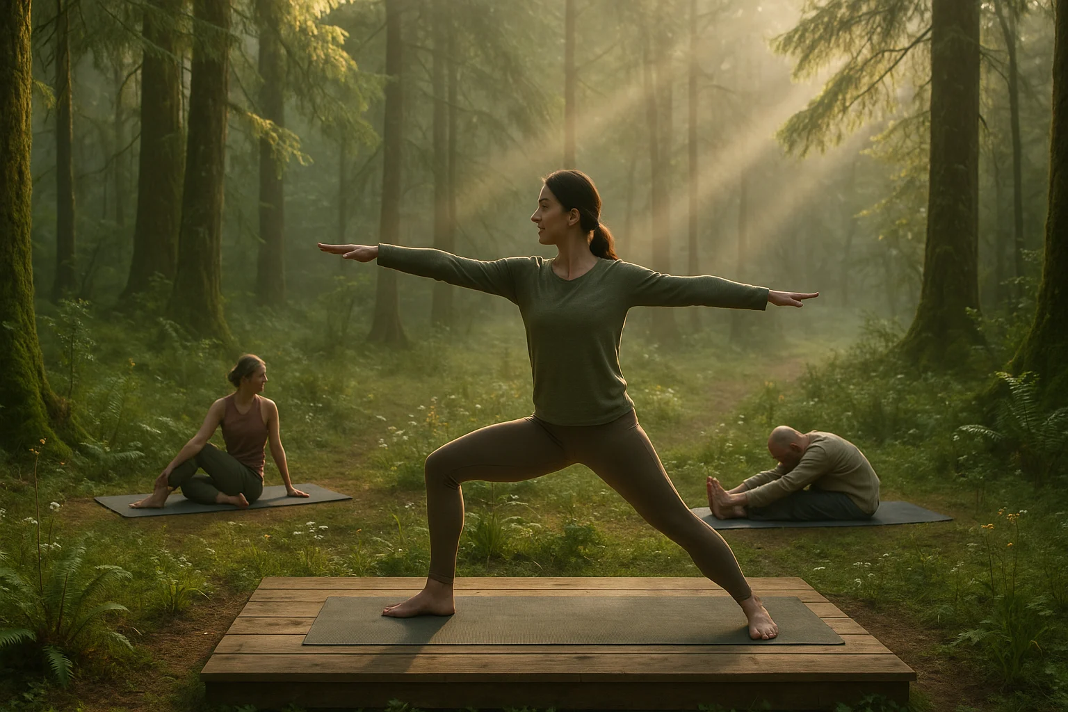 Group practicing yoga in a peaceful forest during a retreat