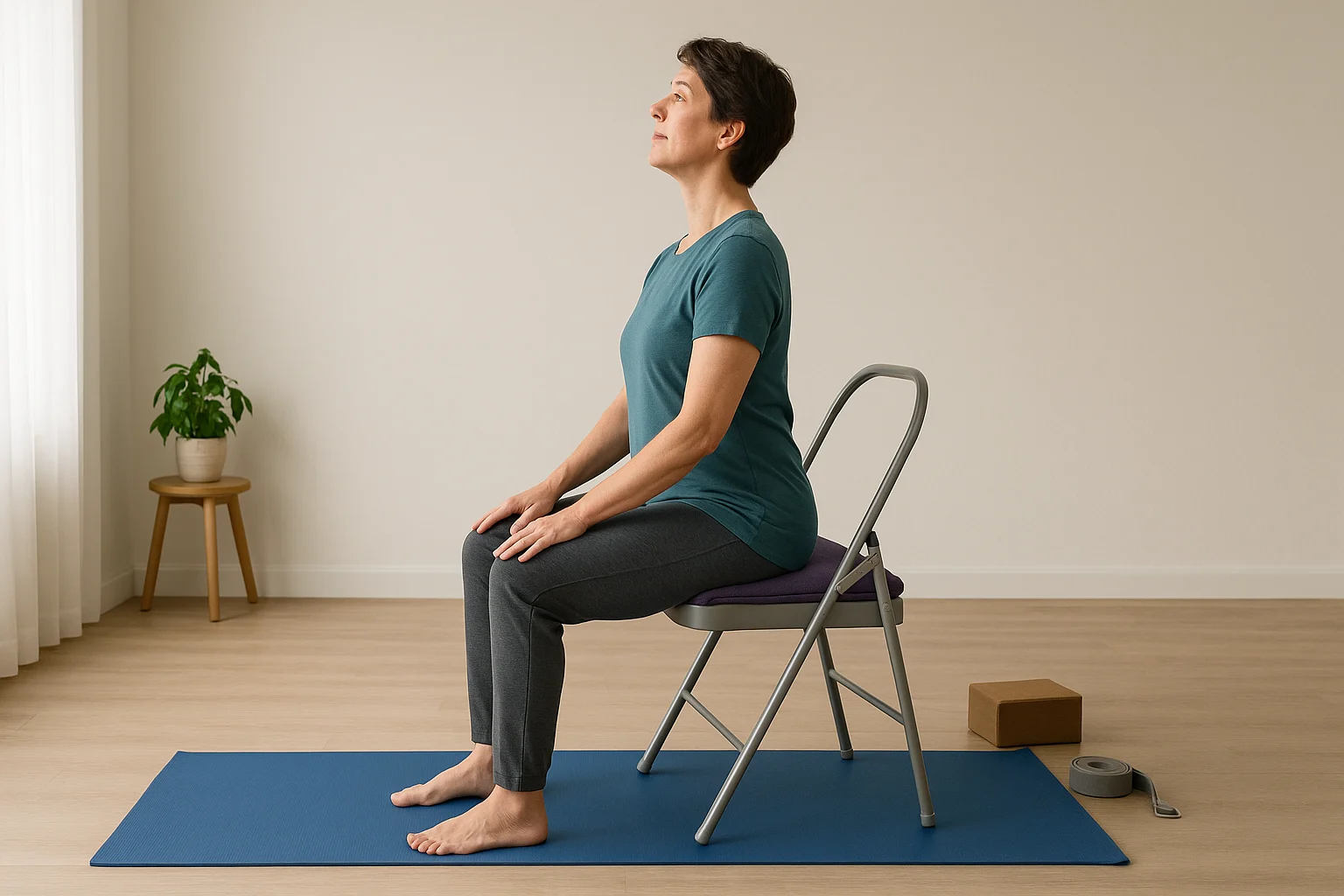 Person practicing chair yoga in a serene morning studio