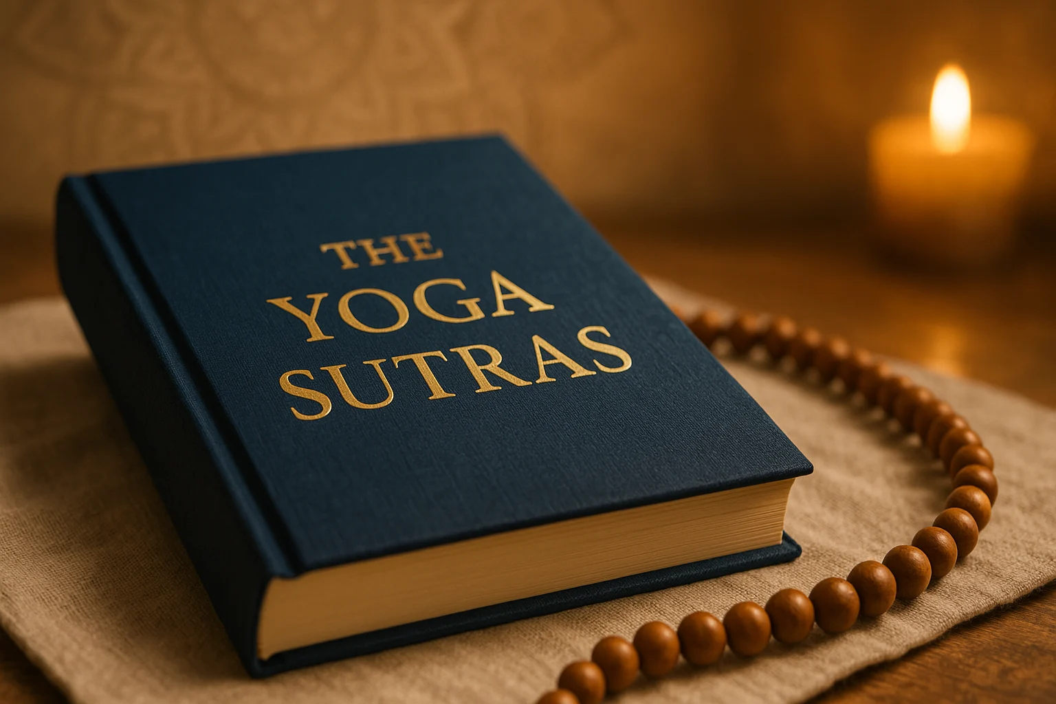 Close-up of The Yoga Sutras on a cushion with soft light