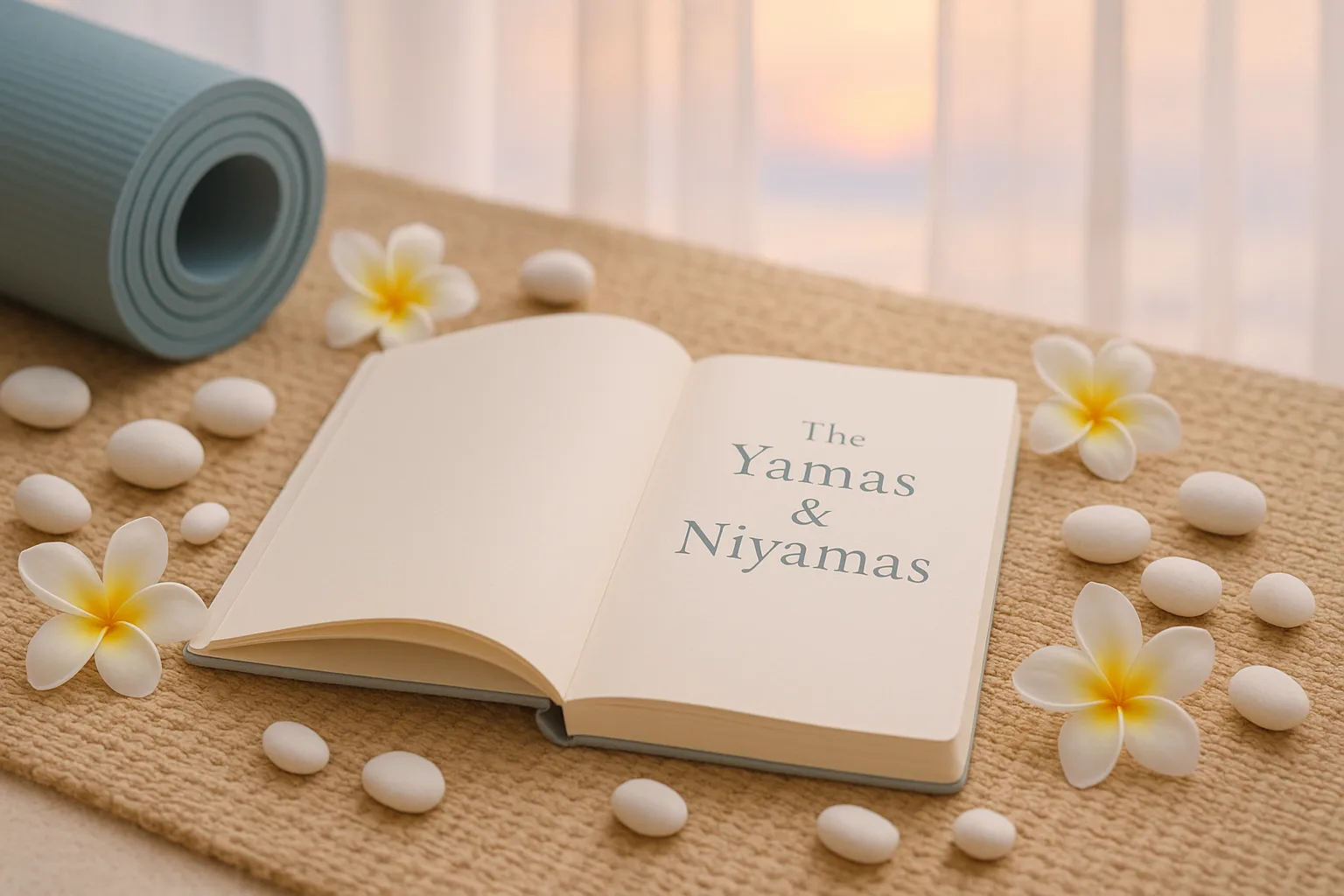 The Yamas & Niyamas book in a peaceful yoga setting