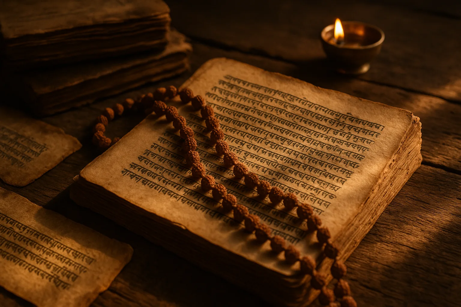 Ancient yoga texts on a wooden table