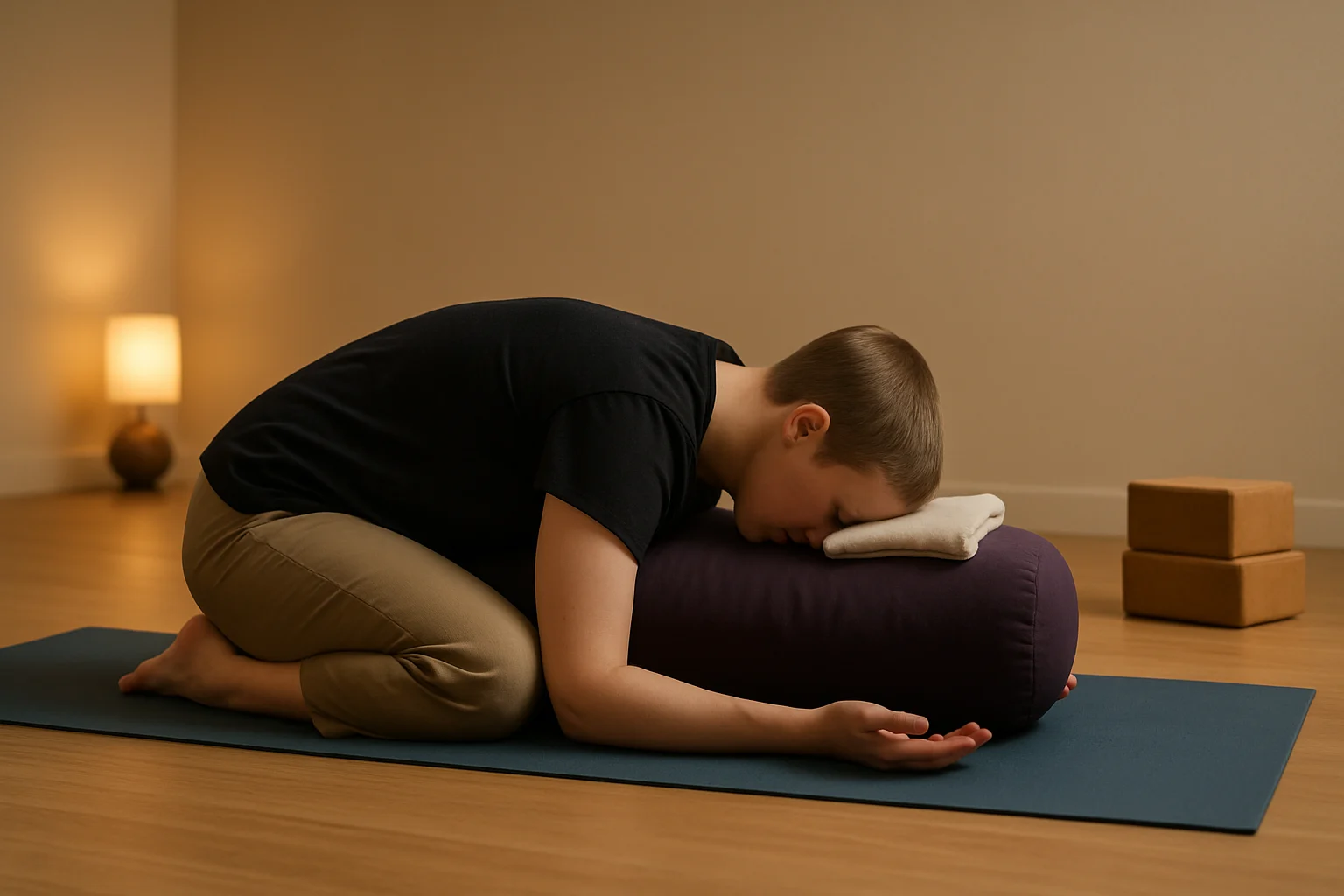 Person practicing supported child’s pose on a mat in a peaceful evening setting