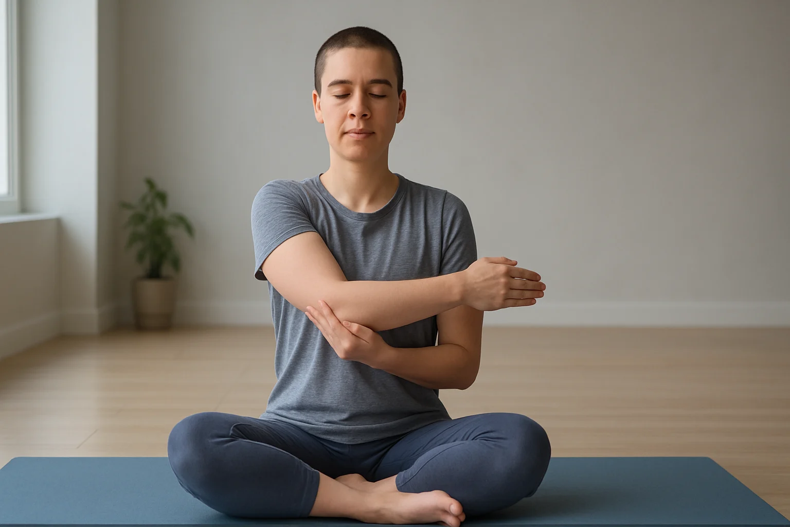 Yoga rotator cuff recovery stretch — person practicing a gentle shoulder opener in a calm studio