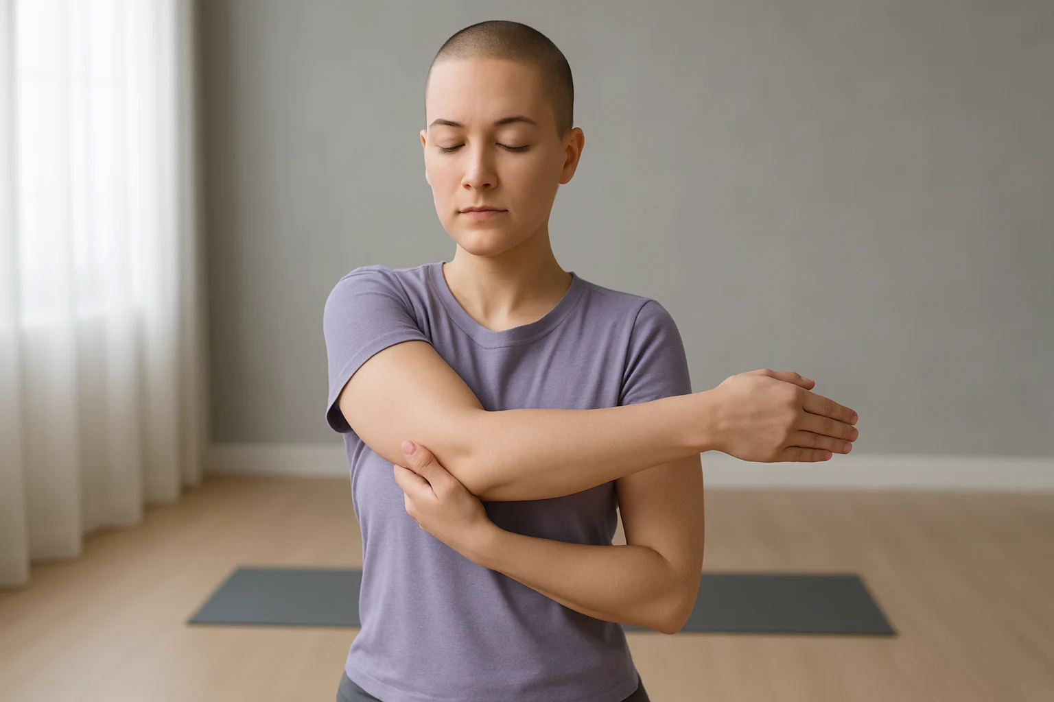 Person performing a gentle shoulder stretch in a serene morning yoga session