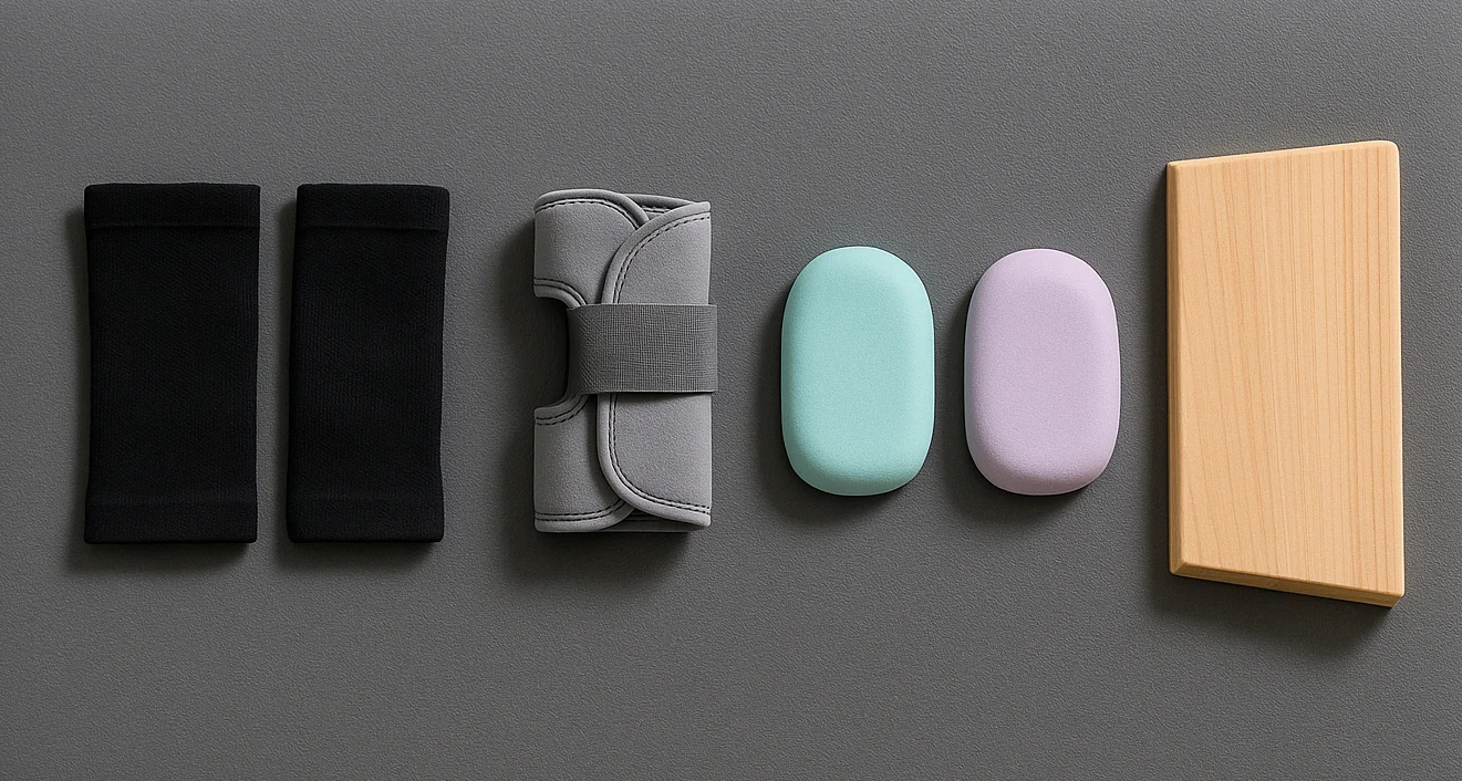 Different types of yoga wrist supports on a yoga mat
