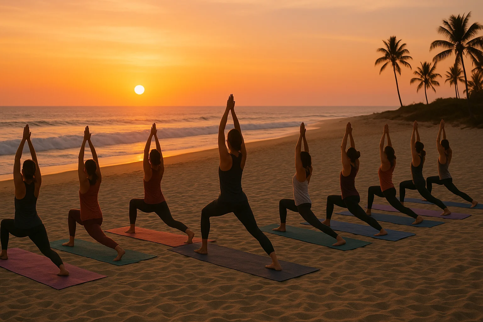 Yoga practice at sunset on a beach in Todos Santos, Baja California Sur