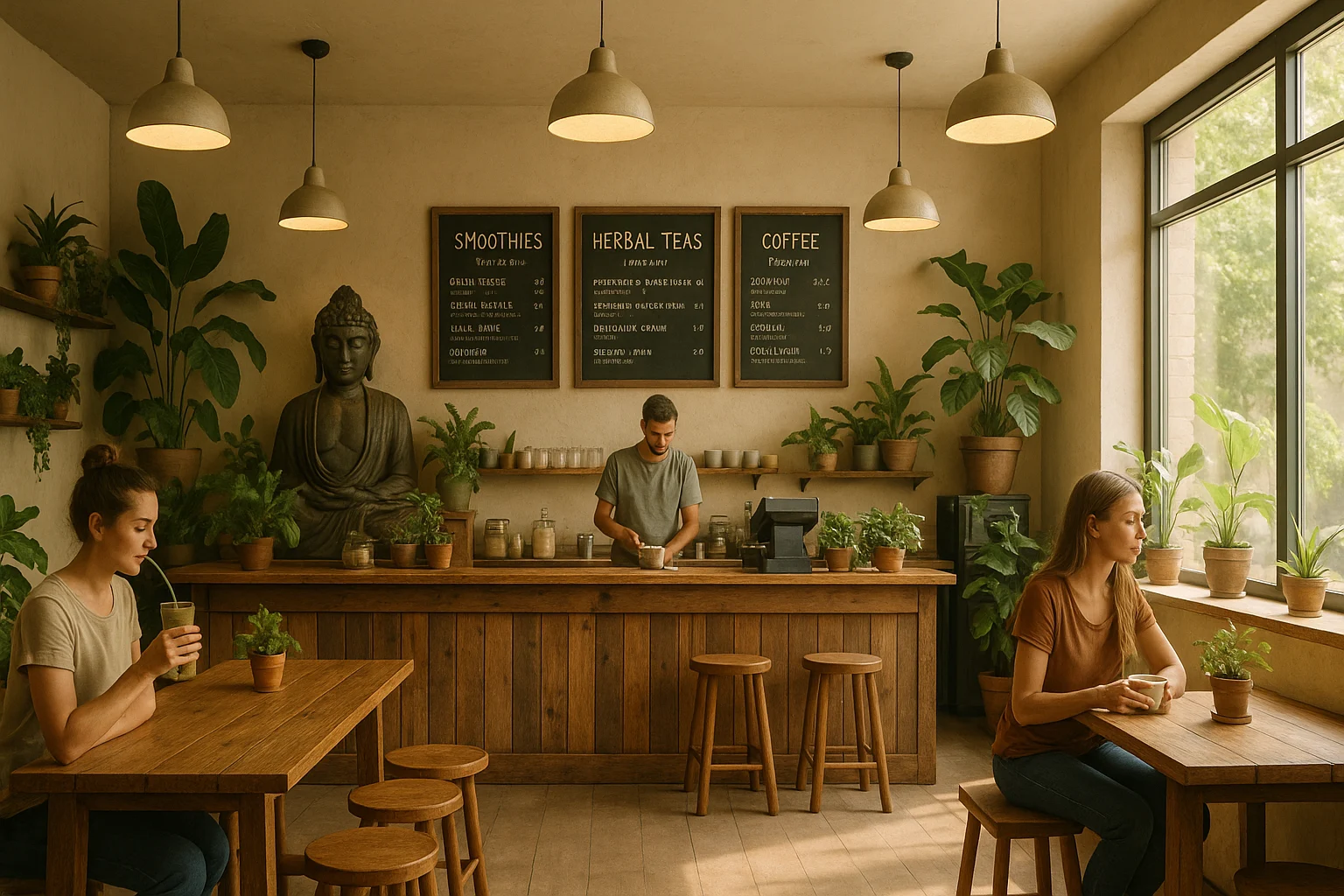 Interior of Buddha Bar Cafe showing eco-friendly design and organic menu offerings