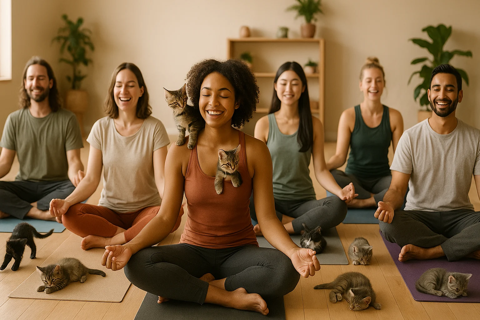 Yoga practitioners with kittens during Cats on Mats fundraiser class at Golden Buddha Yoga