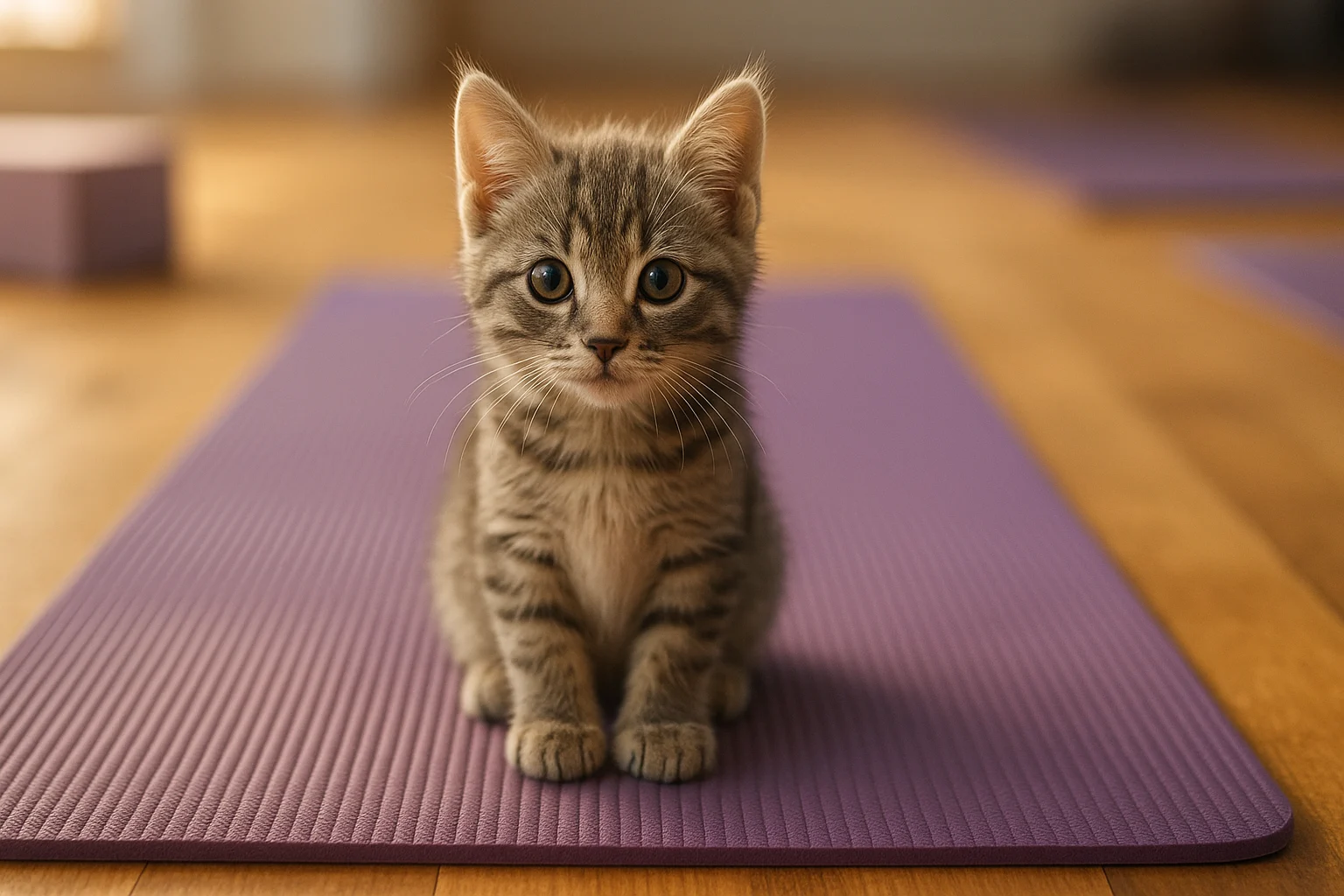 Adorable kitten sitting on yoga mat during Cats on Mats fundraiser event
