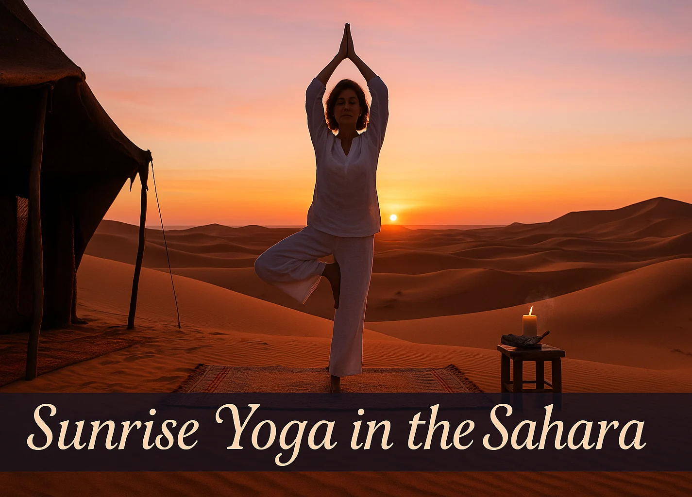 Yoga practitioner in a desert landscape at sunrise in Morocco