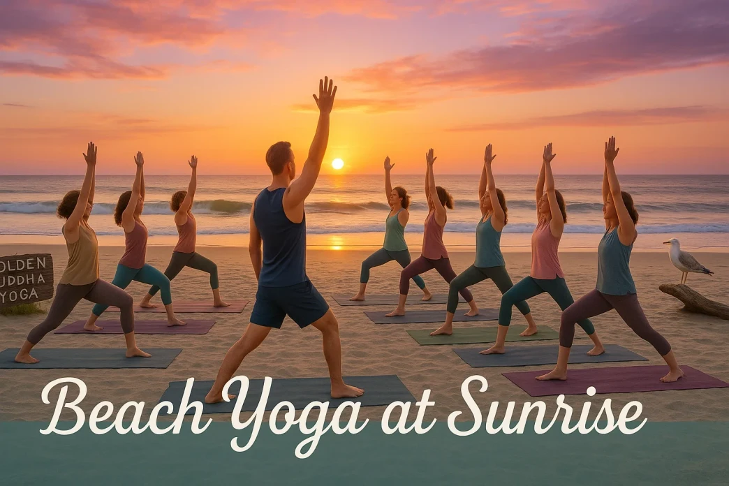 Yoga class practicing on the beach in Ocean City, NJ at sunrise