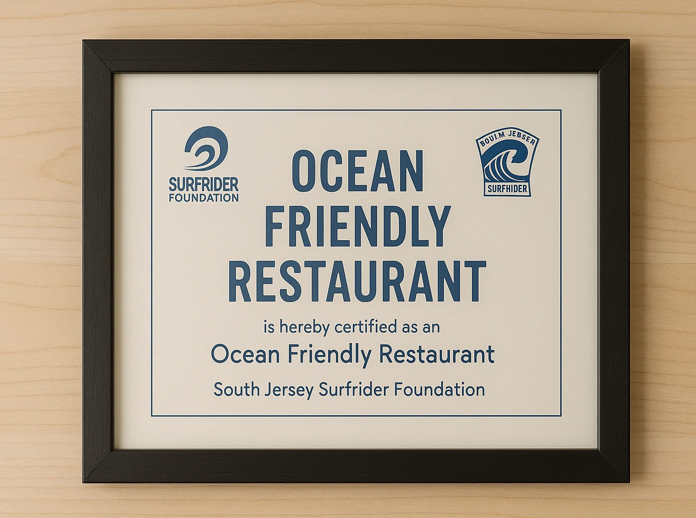 South Jersey Surfrider Foundation Ocean Friendly Restaurant certificate displayed at Buddha Bar Cafe