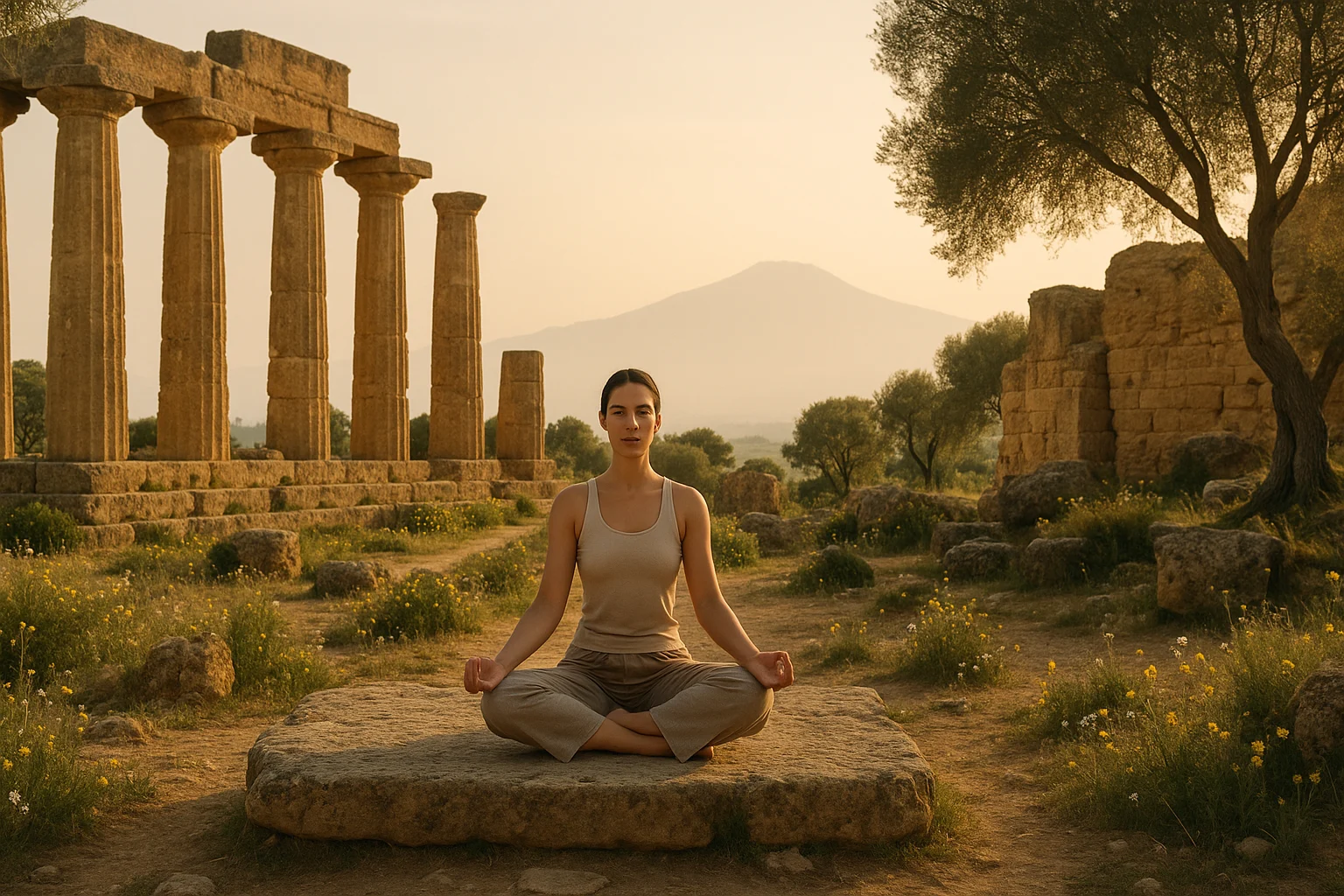 Yoga practitioner meditating near ancient Greek ruins in Sicily