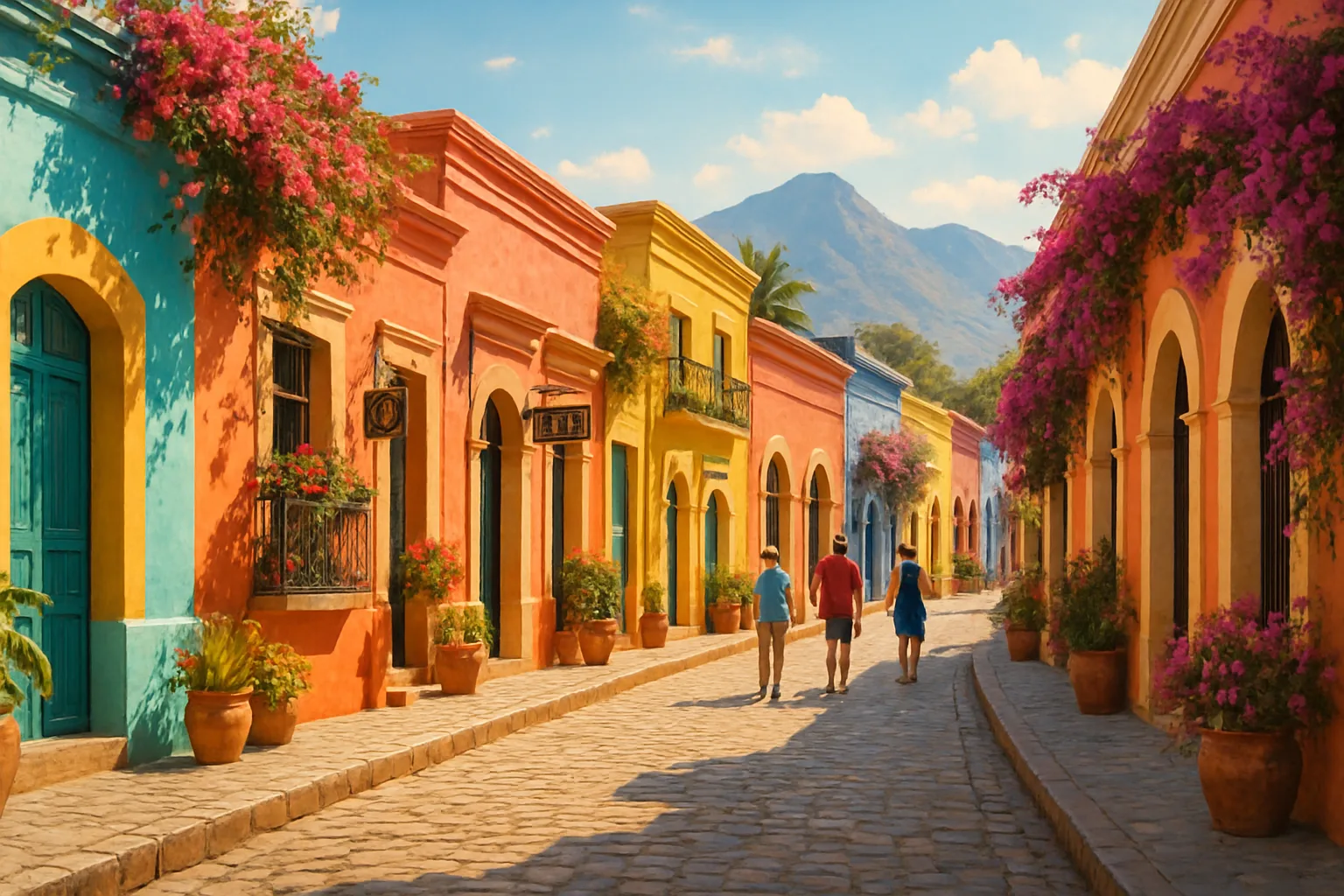 Charming street in Todos Santos, Mexico with colorful buildings