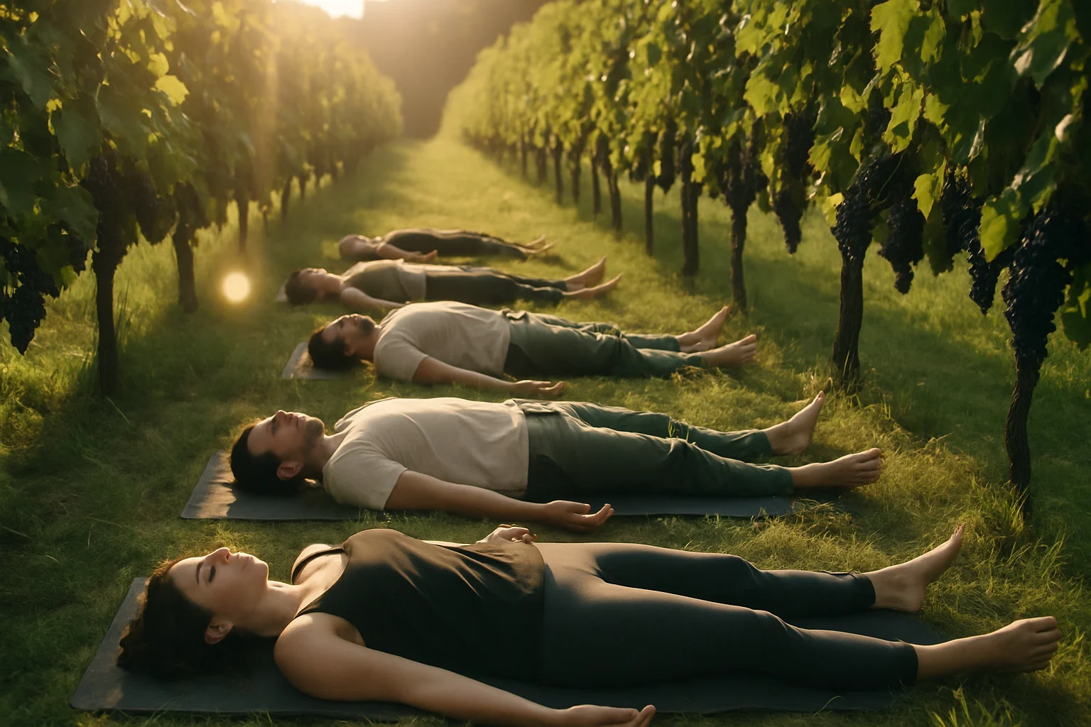 Practitioners in savasana pose among the vineyard rows at Willow Creek Winery