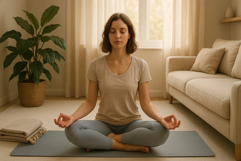 Person practicing yoga for stress relief in a serene setting