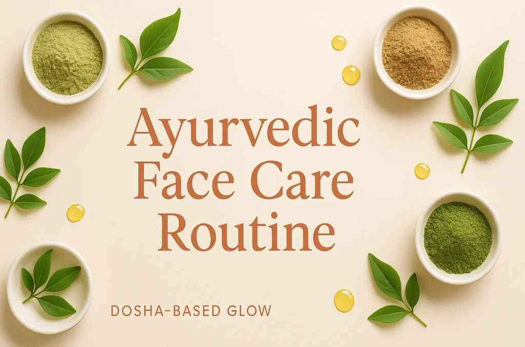 Ayurvedic face care hero banner with natural ingredients for glowing skin based on Vata, Pitta, and Kapha doshas
