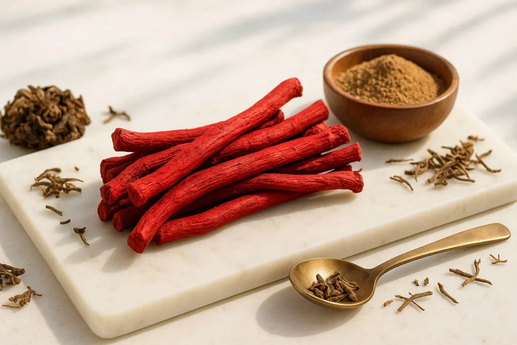 Manjistha root for Ayurvedic detox and skin benefits – vibrant red herbal remedy