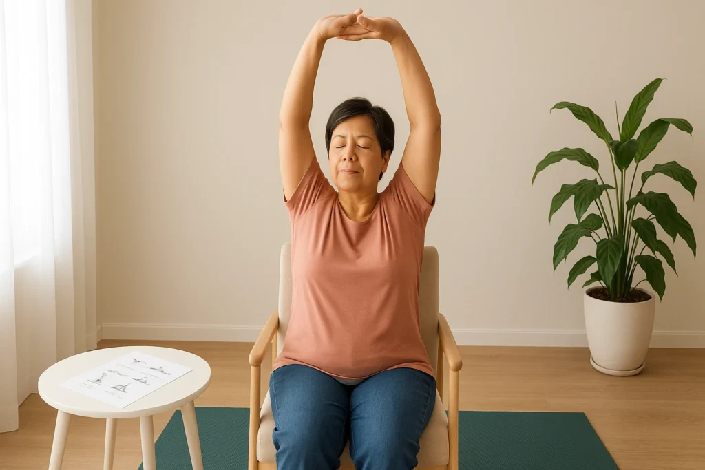 Person doing chair yoga from a free printable PDF as part of a daily wellness routine