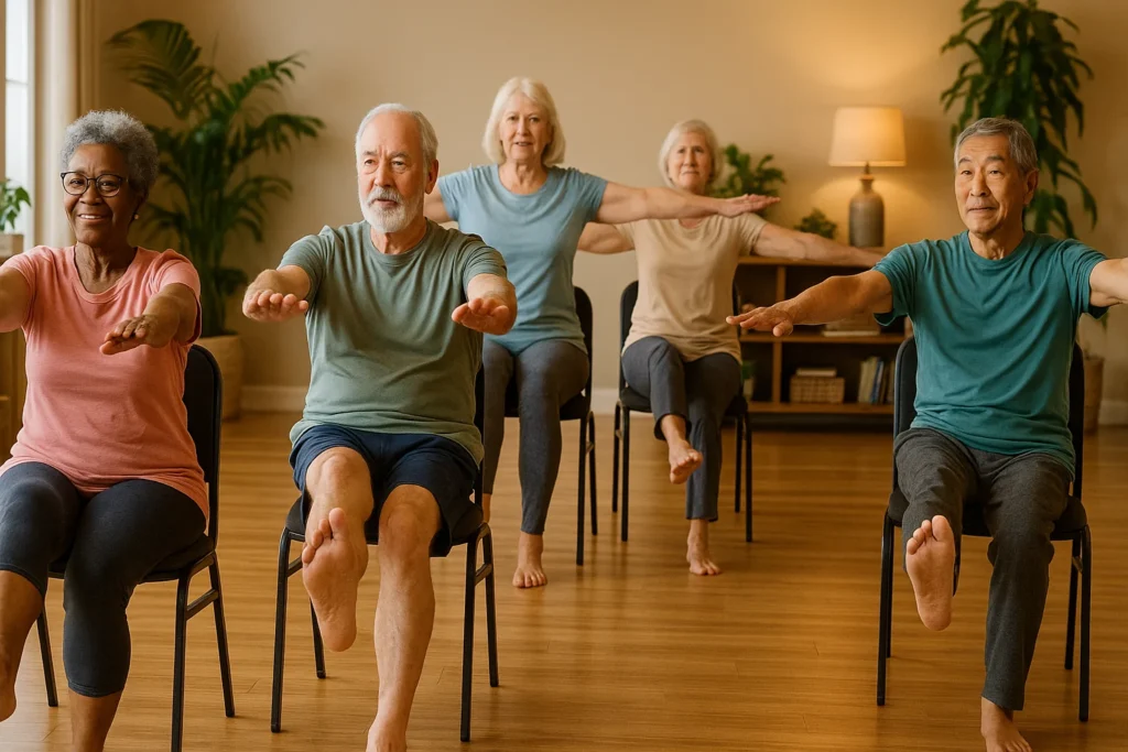 Seniors performing chair yoga exercises for weight loss in bright, welcoming room with plants and wooden floors