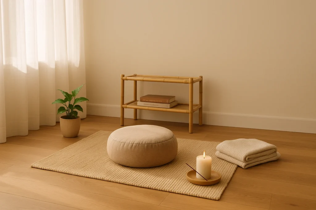 Affordable and cozy meditation setup with a budget zafu cushion on wooden floor, peaceful home scene.