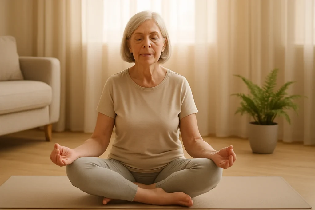 Seated senior woman meditating in a sunlit living room - gentle yoga for senior back pain relief