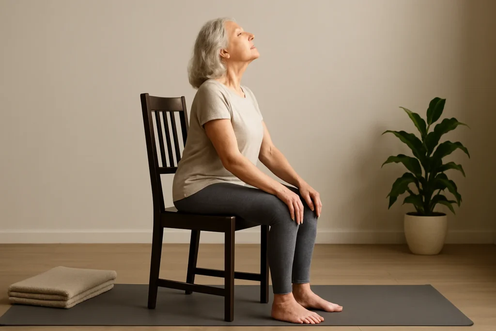Older adult seated in a sturdy chair during gentle yoga practice.