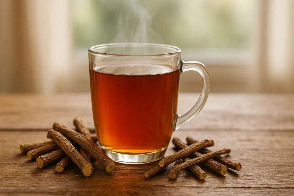 Soothing licorice tea in a clear mug with dried roots – herbal remedy hero image for wellness