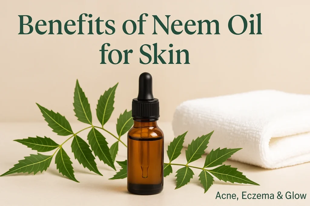 Neem oil for skin benefits shown with natural leaves and serum bottle in spa skincare setting