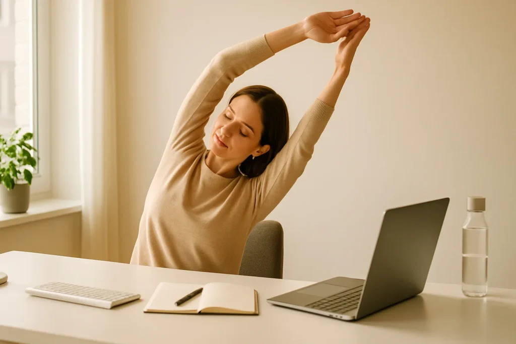 Person practicing quick desk yoga posture routine at office desk for neck, shoulder and back relief