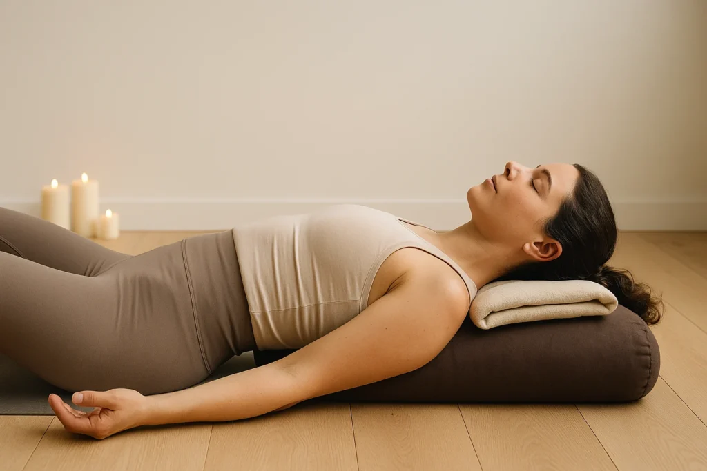 Person resting in supported Savasana pose for recovery yoga in a serene home studio