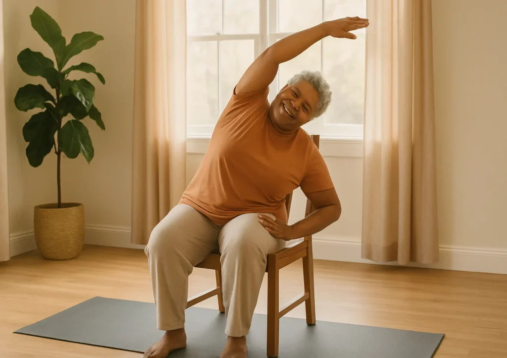 Beginner practicing wheelchair-friendly seated yoga poses on a sturdy chair in a bright, calming home space