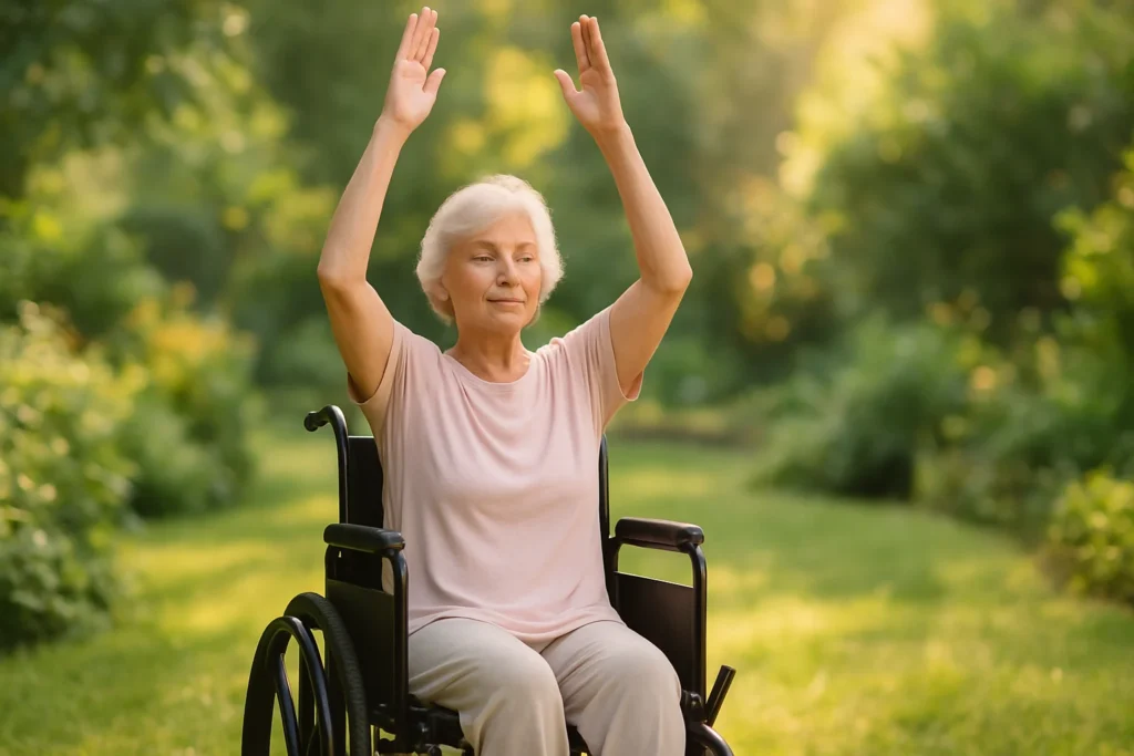 Senior woman practicing yoga in wheelchair in tranquil garden setting, arms lifted in peaceful pose