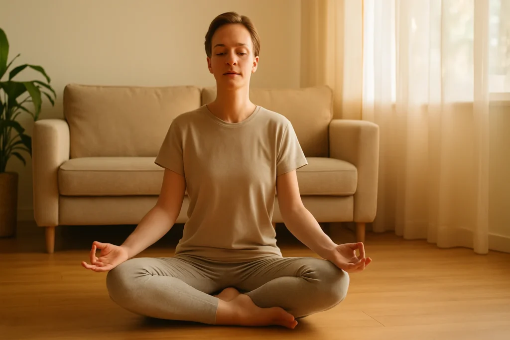 Person practicing yoga at home with no equipment in a peaceful, modern living room