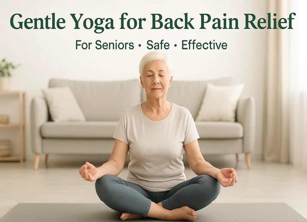 Senior woman practicing gentle seated yoga for back pain relief