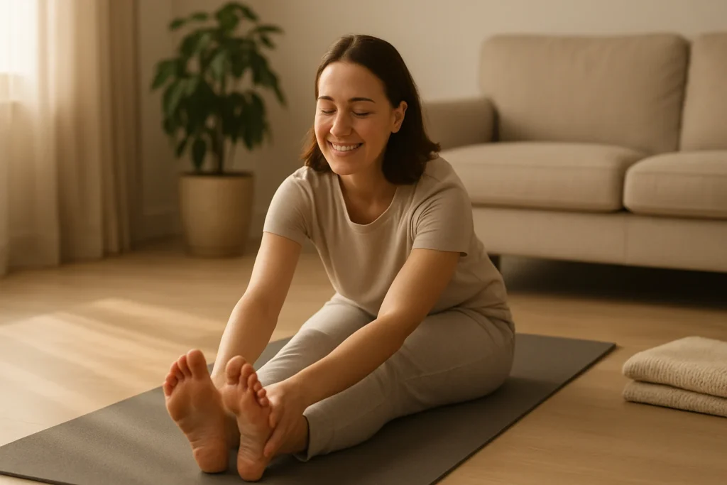 Gentle yoga for lower back pain for beginners in a calm, home yoga space with natural light