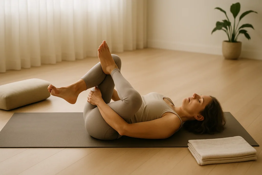Woman in Supine Figure Four pose doing yoga for lower back pain and sciatica relief in calm studio setting