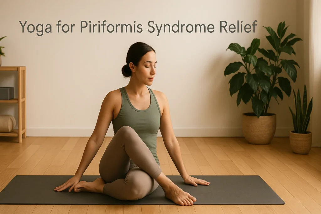 Person practicing yoga for piriformis syndrome on a mat in a serene home studio, focusing on hip and glute stretch