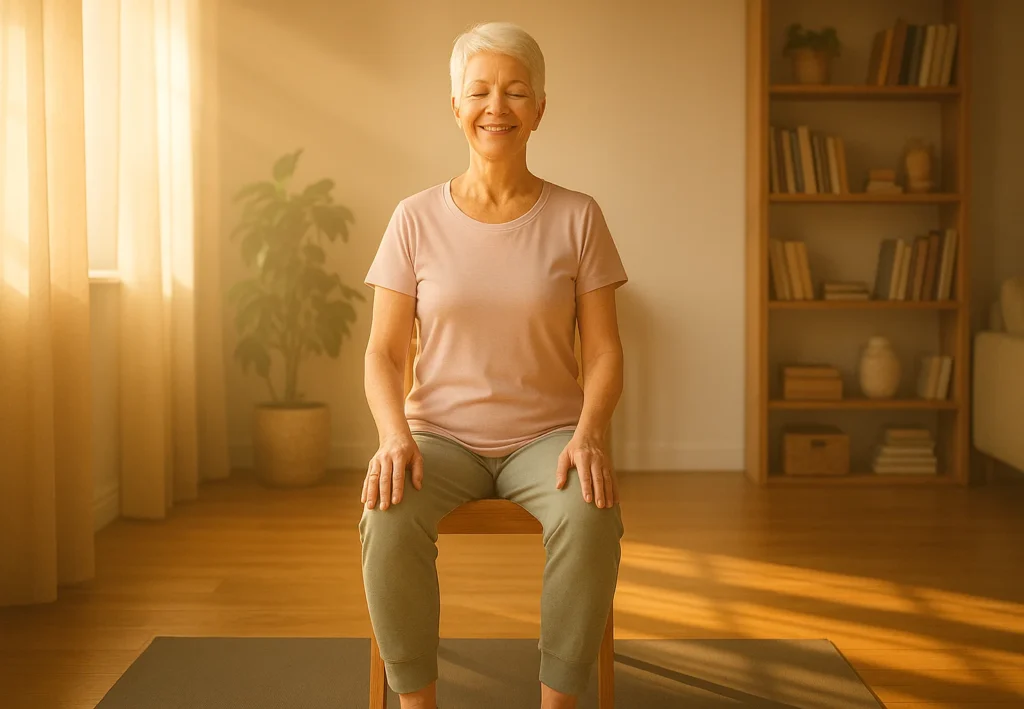 Senior woman doing chair yoga in a sunlit living room for wellness and mobility