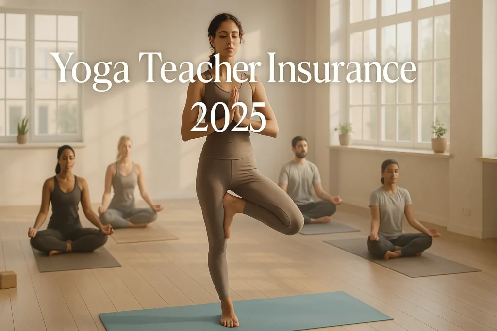 Yoga teacher leading a peaceful morning class, promoting insurance protection for instructors 2025