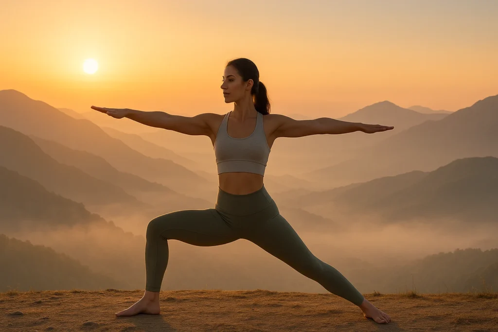 Woman practicing yoga at sunrise on a serene mountain plateau — perfect symbol for online yoga teacher training flexibility and mindfulness
